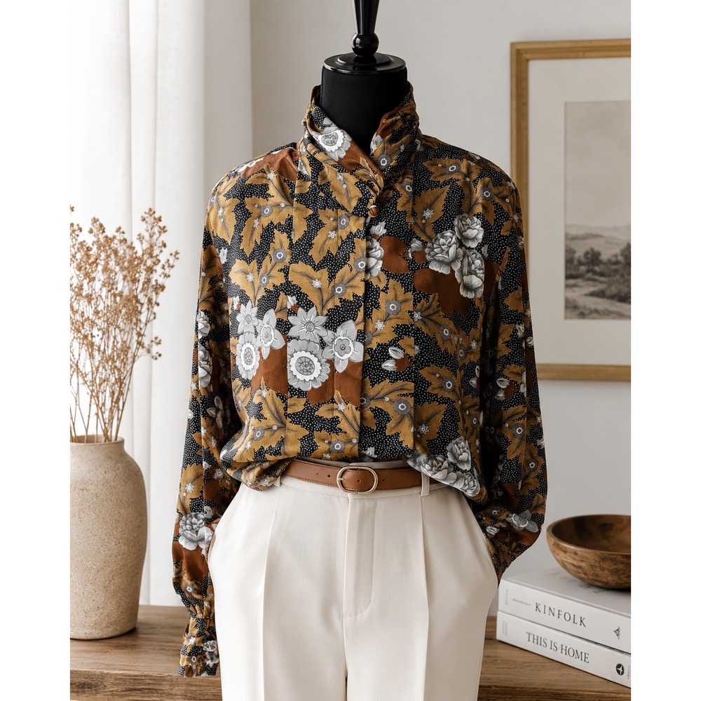 Vintage Nicola Blouse Floral Mock Neck 14 Brown Gray Retro whimsy Chic statement